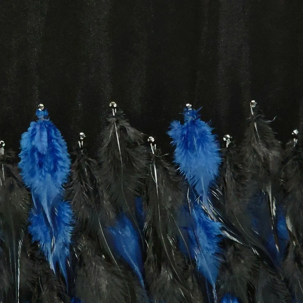 Tahari Velour Dress 12 Black Velvet Blue Feathers Mesh Long Sleeve Cocktail Mini - Picture 12 of 15